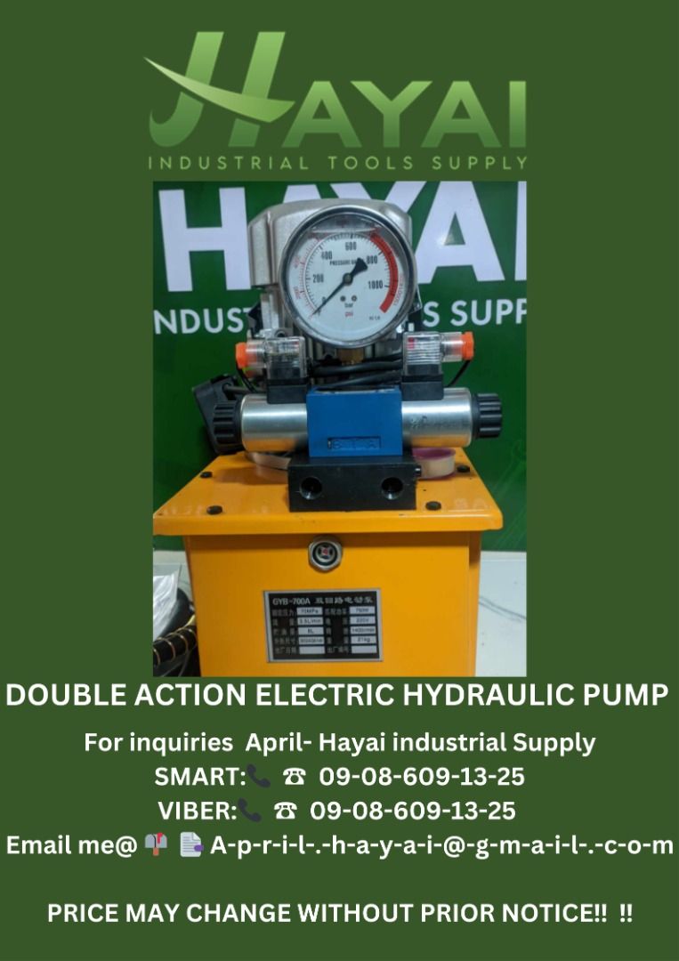 Double action electric hydraulic pump (Category: Construction Tools & Equipment) located in Caloocan City. Submitted by aprilv96843328 (Listing ID 1309919232, Image 1). Description: Double action electric hydraulic pump Specs: E-8-006 8 liters PRICE: 47,000 For inquiries April- Hayai industrial Supply 📞 ☎ 0-9-0-8-6-0-9-1-3-2-5 Email me@ 📫 📑 A-p-r-i-l-.-h-a-y-a-i-@-g-m-a-i-l-.-c-o-m PRICE MAY CHANGE WITHOUT PRIOR NOTICE!!! .