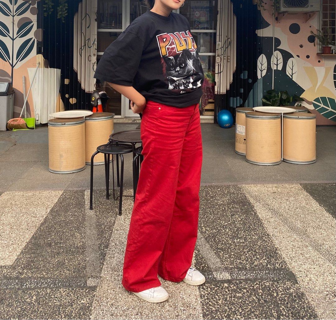 H M Straight Denim Red Pants