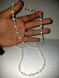 Long Necklace Rice Pearls and Natural White Stones