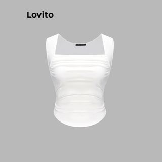 Lovito Women Ruched Hanky Hem Tank Top L62ED045 (White)