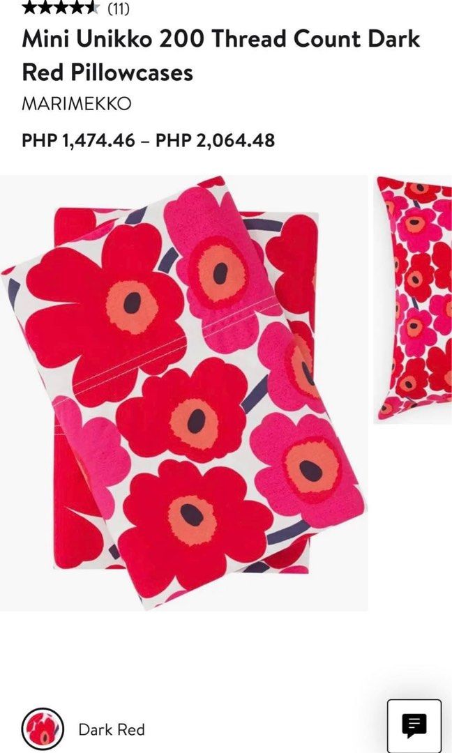 Marimekko Unikko Percale 100% Cotton Body Pillowcase (Category: Bedding & Towels) located in Calamba. Submitted by excelsheets (Listing ID 1297996875, Image 3). Description: Brand New 1 piece only not pair Pillowcase only Color: Pink Body Pillow: 20x40 inches Feel at home. Let go and sleep in. Fall into a soothing sleep amid the red Unikko patterned bed sheet. Made with 200-thread-count 100% cotton percale material. Inspired by the first floral c