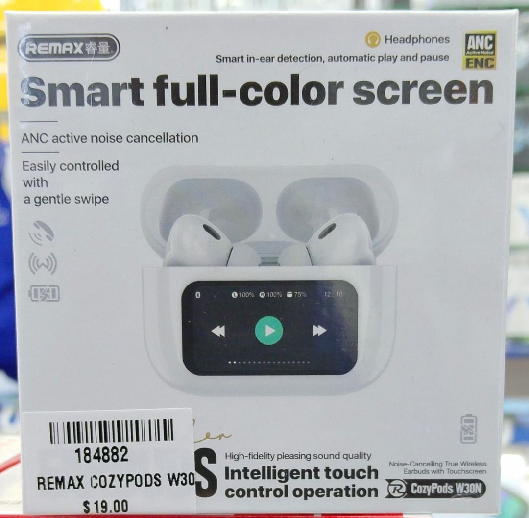 REMAX SAMART FULL-COLOR SCREEN EARBUDS (COPY PODS W30N) - BLACK