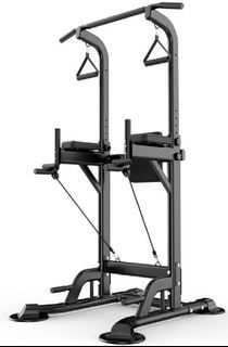 Pull-up Station Tower plus Long Barbell with plates and Pulley