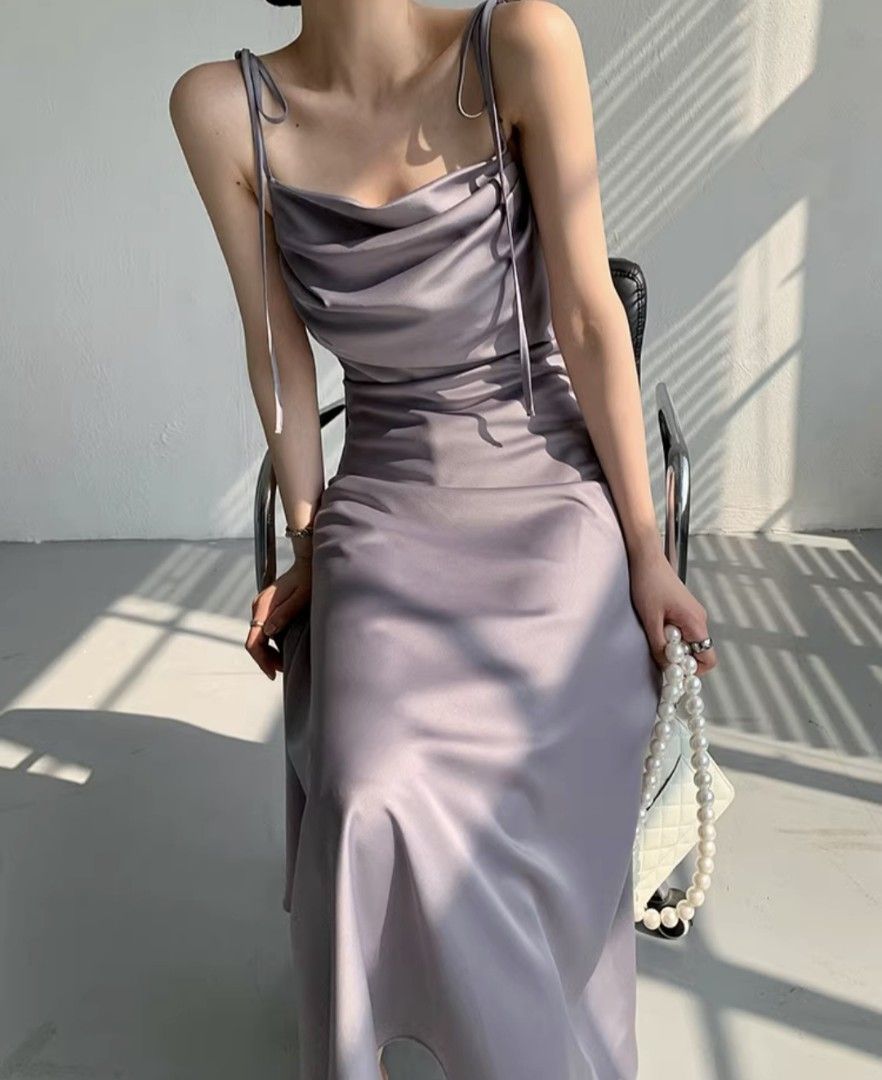 Purple Grey Satin Spaghetti Prom Dress Mermaid Flare Slip Dress