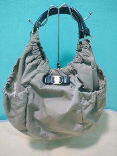 Salvatore Ferragamo Grey Nylon and Patent Leather Hobo Bag