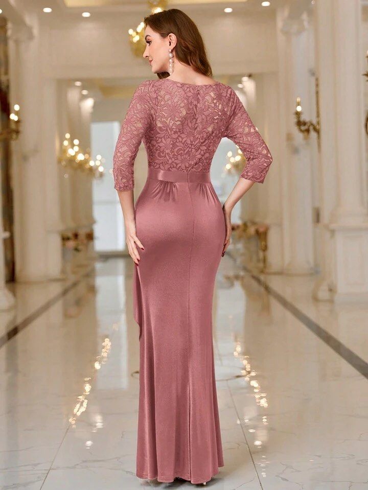 SHEIN MIUSOL V Neck Contrast Lace Ruffle Satin Eve ning Party Maxi Formal Dress Women s Fashion Dresses Sets Dresses on Carousell