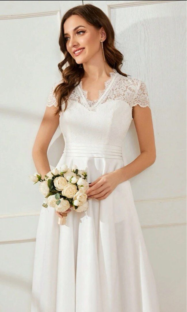 SHEIN EVER-PRETTY white Contrast Scallop Lace Trim Fold Pleated Waist civil Wedding Dress, Women's Fashion, Dresses & Sets, Evening dresses & gowns on Carousell SHEIN EVER-PRETTY white Contrast Scallop Lace Trim Fold Pleated Waist civil Wedding Dress, Women's Fashion, Dresses & Sets, Evening dresses & gowns on Carousell