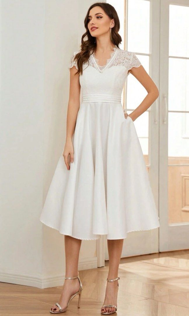 SHEIN EVER-PRETTY white Contrast Scallop Lace Trim Fold Pleated Waist civil Wedding  Dress, Women's Fashion, Dresses & Sets, Evening dresses & gowns on Carousell