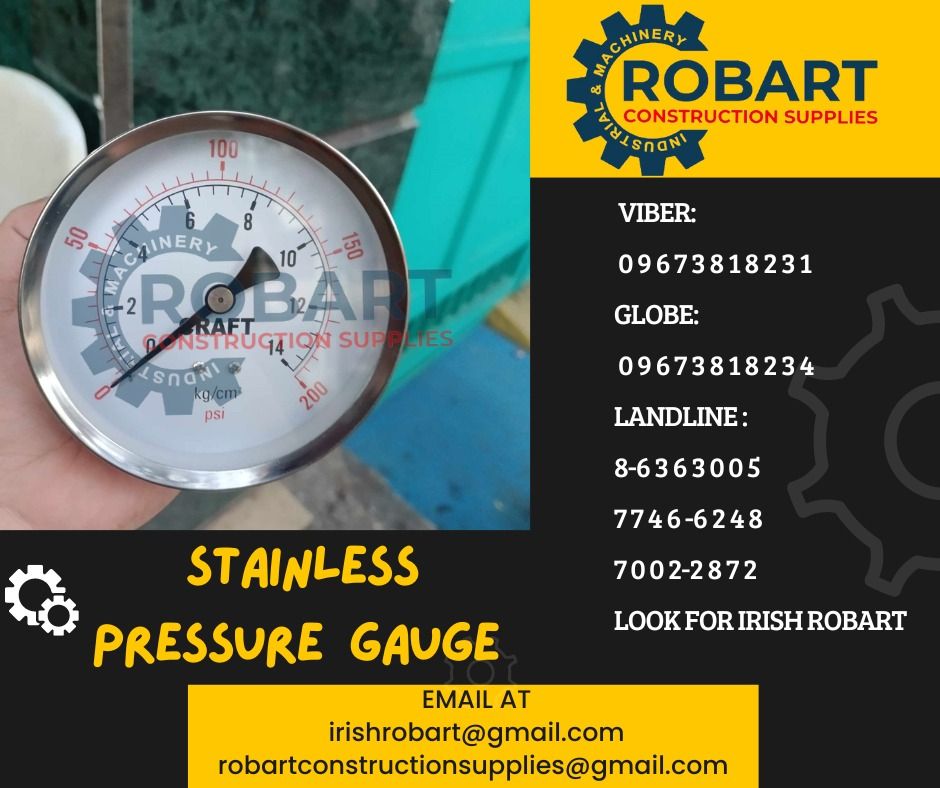 stainless pressure gauge (Category: Construction Tools & Equipment) located in Manila. Submitted by irishrobart_22 (Listing ID 1309947636, Image 1). Description: stainless pressure gauge 4'' x 200psi back connect brand: CRAFT SEND US MESSAGE FOR INQUIRIES ‼️‼️ LOOK FOR IRISH ROBART VBR : 0 9 6 7 3 8 1 8 2 3 1/ 0 9 6 7 3 8 1 8 2 3 4 LANDLINE 8-6 3 6 3 0 0 5 / 7 7 4 6 -6 2 4 / 7 0 0 2-2 8 7 2 GMAIL: I R I S H R O B A R T @ G M A I L . C O M Office 