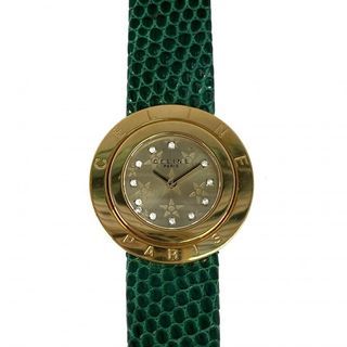 Vintage Celine Quartz Watch Gold Stainless Steel Green Lizard Skin