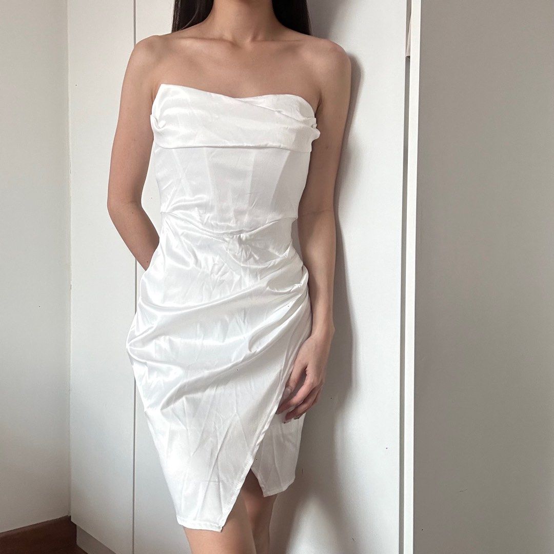 white satin tube bodycon midi dress, Women's Fashion, Dresses