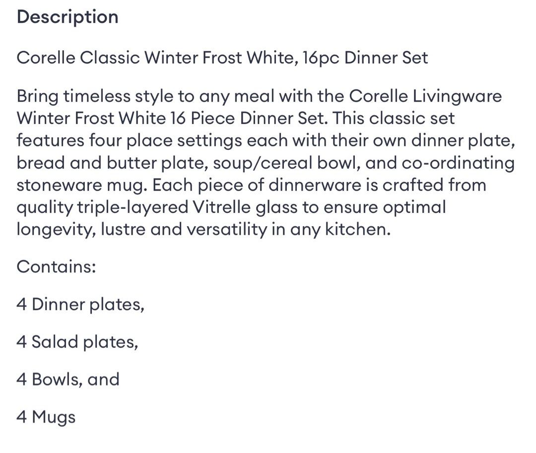 16pc CORELLE in Winter Frost White Dinnerware (Category: Dinnerware & Cutlery) located in Manila. Submitted by j_stats (Listing ID 1310118398, Image 2). Description: Please refer to 2nd picture for Description.