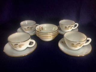 1950's Vintage Federal Glass Meadow Gold Tea Cups/Saucers/ Dessert Bowls (12Pcs)