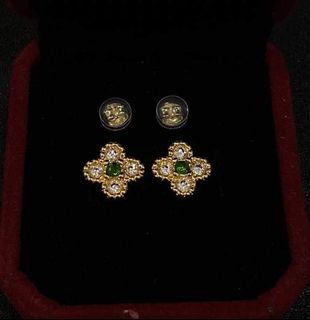 Authentic Pawnable Real 18k Saudi Gold -Clover Flower Stone Green Centered Earring