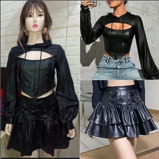 Black Coords Leather Coordinates Leather Terno Grunge Cosplay Leather Skirt Leather Hoodie Small