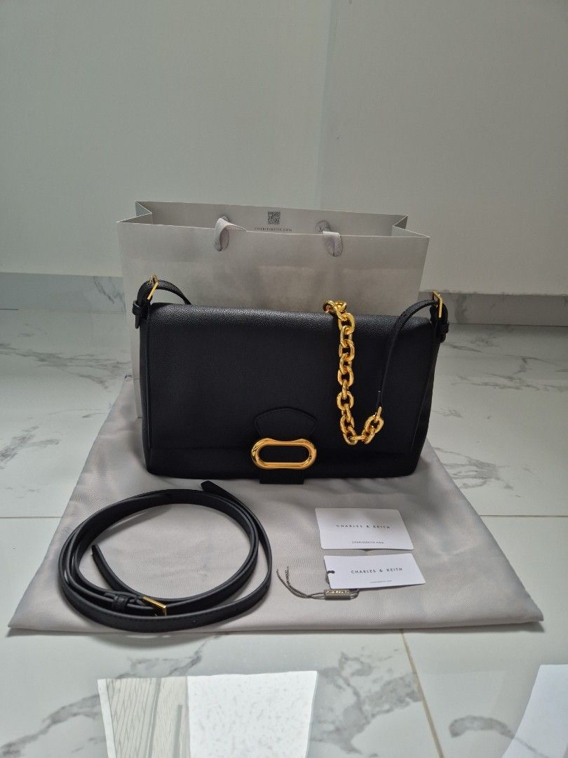 Charles and Keith Trapeze Belted Bag Black, Women's Fashion, Bags