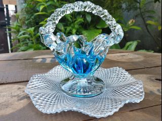 Collectible Vintage Mini Basket Blown Art Glass for Display Accent (with Catch Plate)