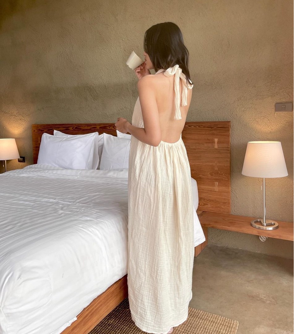 Cream low back halter dress