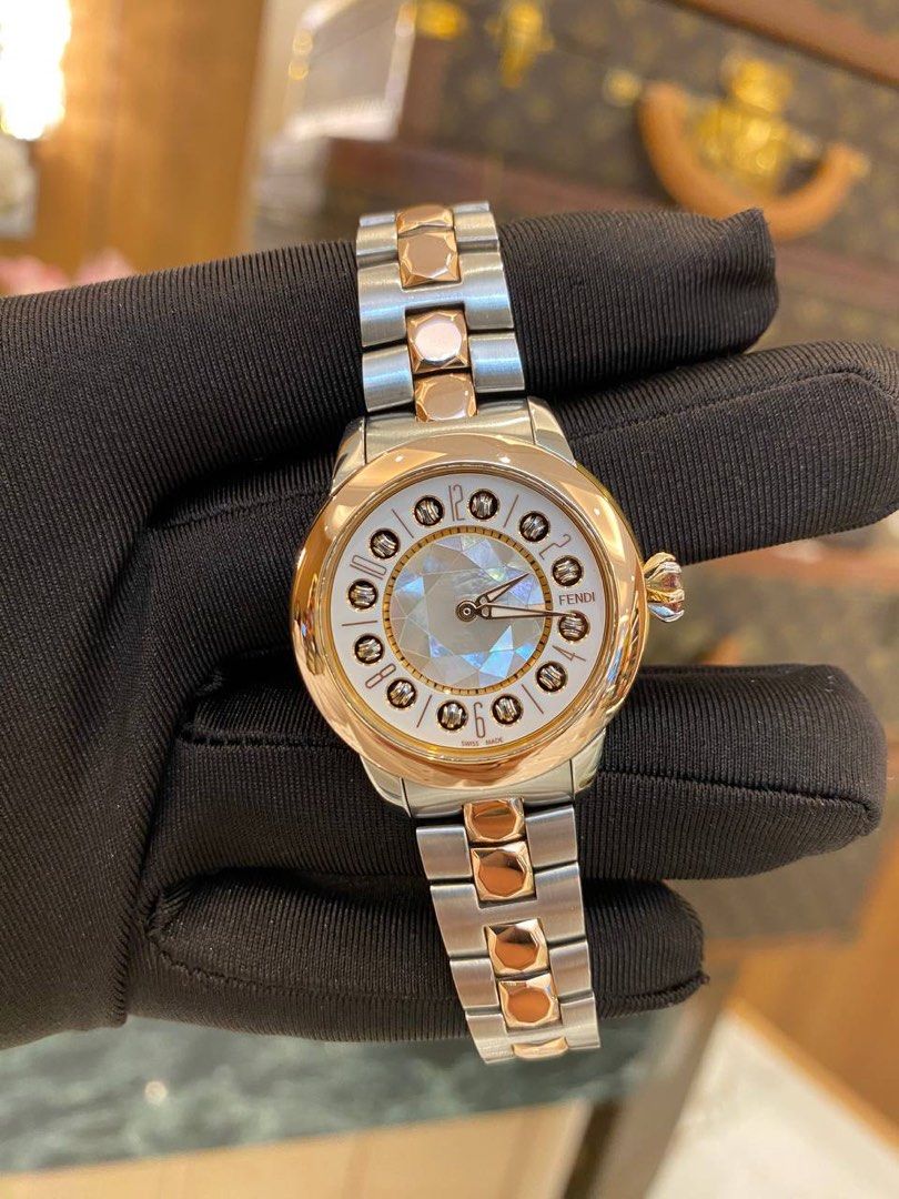 FENDI ISHINE SWISS WATCH HALF 18K 750 ROSE GOLD MOTHER OF PEARL THREE COLOR DIAL 33MM QUARTZ WATCH