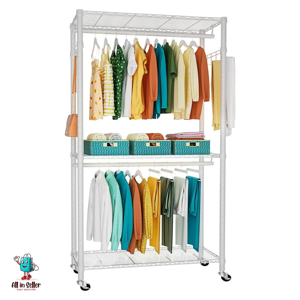 FUTASSI Heavy Duty Garment Rack 3 Tiers Adjustable Rolling Metal Closet Organizer with Lockable Wheels Free