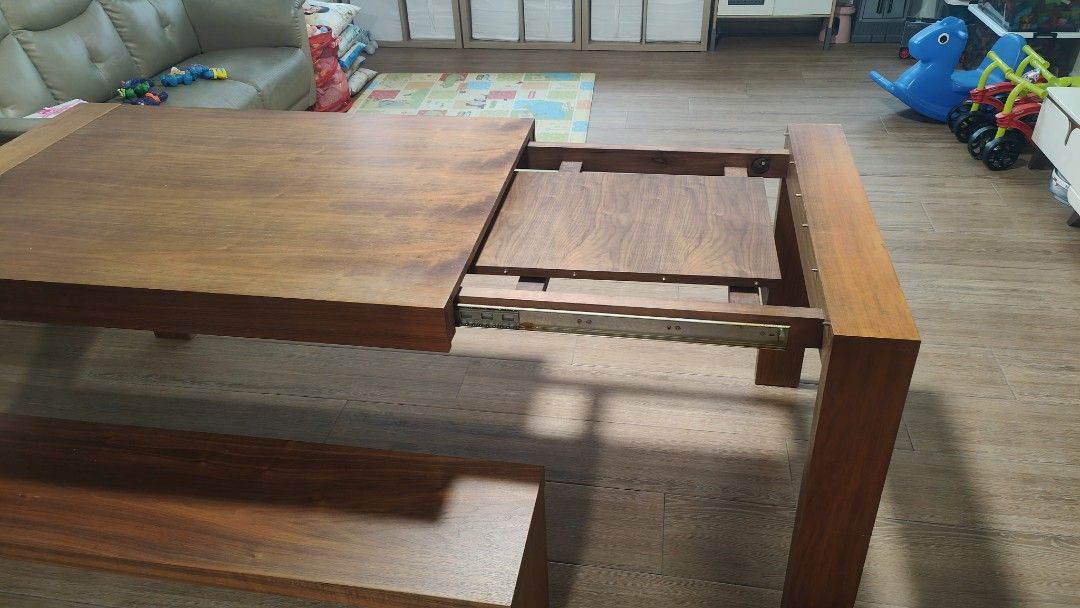 Extendable Heavy solid table and bench set (Category: Tables & Sets) located in Singapore. Submitted by hannahjm1127 (Listing ID 1310080095, Image 2). Description: pre loved heavy solid wood extendable dining table n bench set. slight marks n stain but not obvious. letting go at $500. (brought almost 3K for this set) price negotiable. PM for more details. before extend: 136cm long x 85cm width x 75cm height after extended: 180cm long x 85cm width