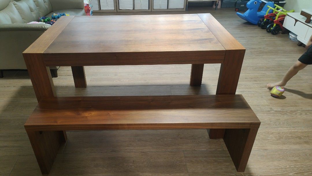 Extendable Heavy solid table and bench set (Category: Tables & Sets) located in Singapore. Submitted by hannahjm1127 (Listing ID 1310080095, Image 1). Description: pre loved heavy solid wood extendable dining table n bench set. slight marks n stain but not obvious. letting go at $500. (brought almost 3K for this set) price negotiable. PM for more details. before extend: 136cm long x 85cm width x 75cm height after extended: 180cm long x 85cm width
