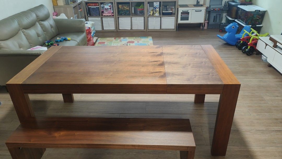 Extendable Heavy solid table and bench set (Category: Tables & Sets) located in Singapore. Submitted by hannahjm1127 (Listing ID 1310080095, Image 3). Description: pre loved heavy solid wood extendable dining table n bench set. slight marks n stain but not obvious. letting go at $500. (brought almost 3K for this set) price negotiable. PM for more details. before extend: 136cm long x 85cm width x 75cm height after extended: 180cm long x 85cm width