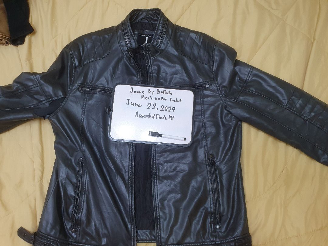 Jeans By Buffalo Men's Leather Jacket (Read The Description) (Category: Coats, Jackets and Outerwear) located in Quezon City. Submitted by assortedfindsph (Listing ID 1310177734, Image 1). Description: "Post will be marked as sold once item is sold." Selling a Buffalo men's leather jacket for 250 (Fixed Price). Price is non-negotiable. Worn only once. Size: Large. Issue: Wear and tear naiwan ng matagal sa storage room (see pictures). Bawal sa mas