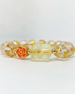 Natural High Quality Clear Quartz with Golden Phoenix Carving and Brazilian Citrine Pixiu with 999 (24k plated) Lotus Charm •
