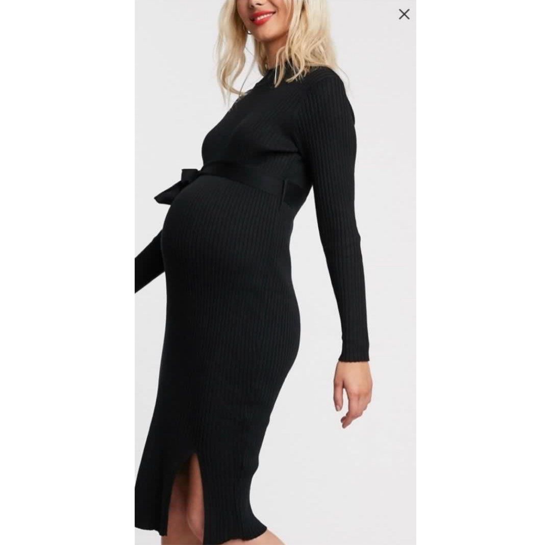 New Look Maternity tie waist rib midi dress in black