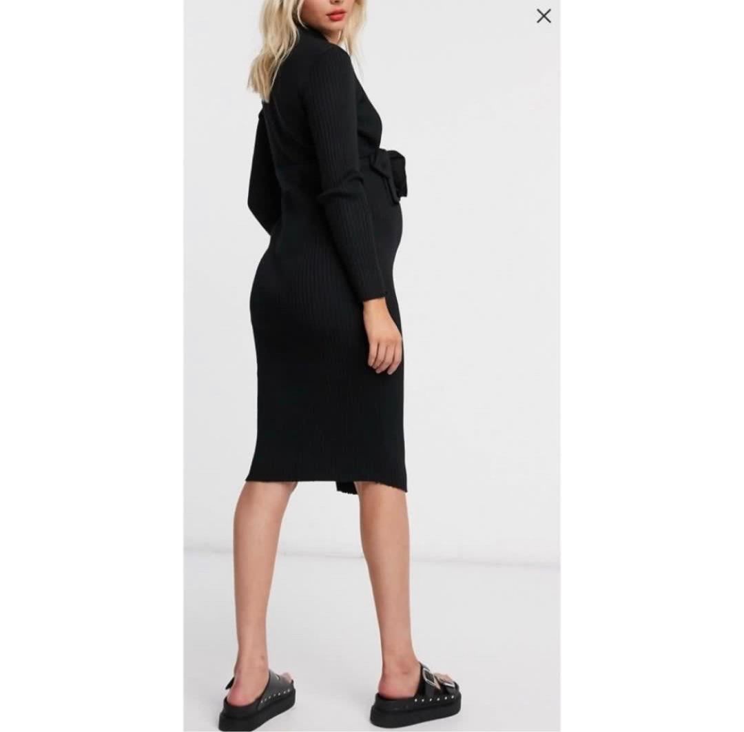 New Look Maternity tie waist rib midi dress in black