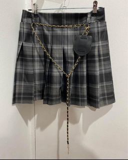 Plaid Chain Belt Decor High-waist Skirt