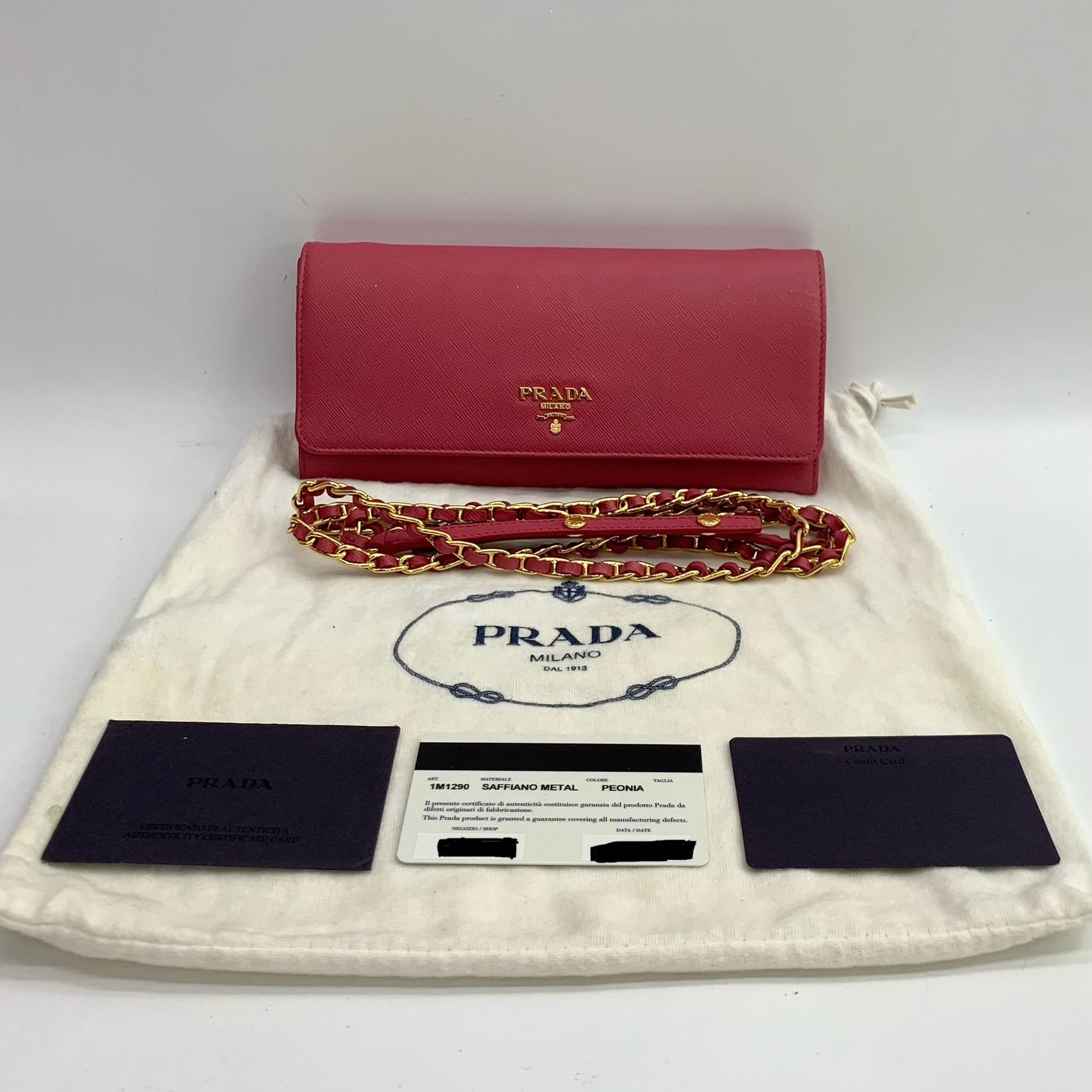 DISCOUNTED* PRADA 1M1290 PINK SAFFIANO LONG WALLET ON CHAIN 