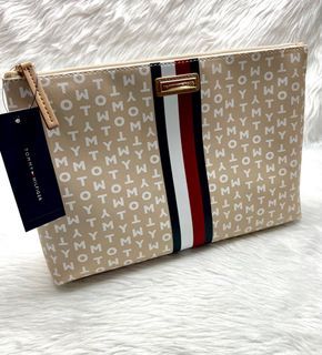 Tommy Hilfiger TH Women’s Large Cosmetic Pouch Clutch. Color: Beige Monogram.