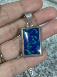 Vintage Mexico 950 Silver Azurite Pendant with Chain