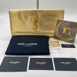 YSL Yves Saint Laurent Metallic Gold Leather Monogram Clutch