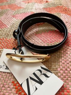 ZARA Black Leather Slim Skinny Belt with Gold Buckle - 85