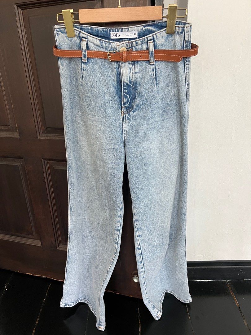 Zara High Waist Wide Leg Cropped Belted Jean 36, Women's Fashion