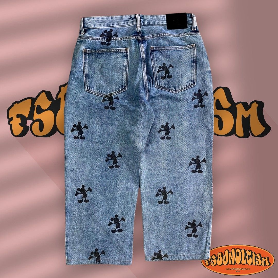 33 35 Bershka x Disney The 90 s Printed Mickey Mouse Wide Denim Jeans Pants