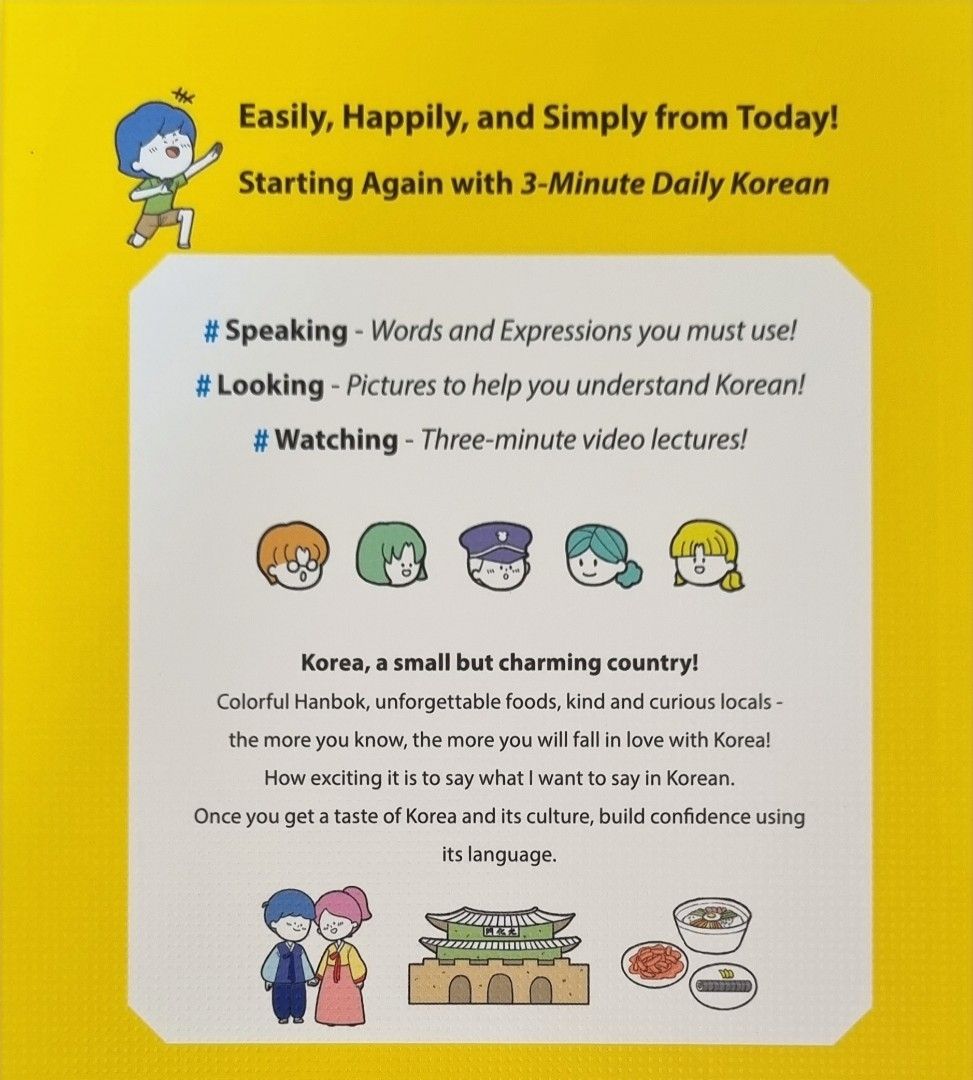 3-MINUTE DAILY KOREAN - LANGUAGE BOOK (Category: Storybooks) located in Manila. Submitted by halikabooksph (Listing ID 1310319031, Image 3). Description: Are you traveling to South Korea 🇰🇷 soon? This book is an excellent travel hand carry! This book was originally purchased in S. Korea (authenticity guaranteed). Accurate language book..