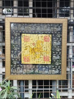 Collectible Vintage Chinese Calligraphy with Golden Horse, Embroidered Fabric Matting & Carved Frame