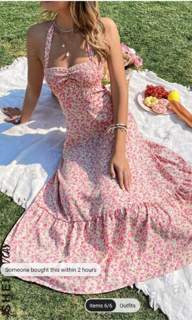 Floral maxi dress (Category: Dresses) located in Caloocan City. Submitted by bluschlez (Listing ID 1310362595, Image 1). Description: SHEIN VCAY Women's Floral Print Halter Neck Sleeveless A-Line Dress used once only 💪 comfortable fabric.