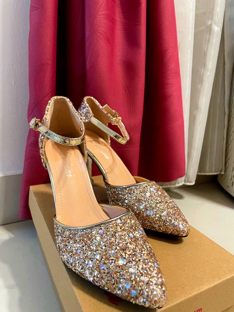 Gold Glitter Sequin High Heels Ankle Strap with Dust Bag Size US 5.5 EU 36 UK 3 Women s Fashion Footwear Heels on Carousell