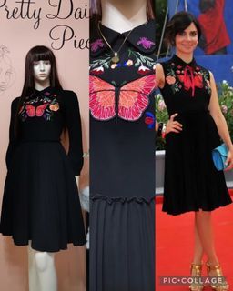High Quality Black Butterfly Embroidery Longsleeves Pleated Dress