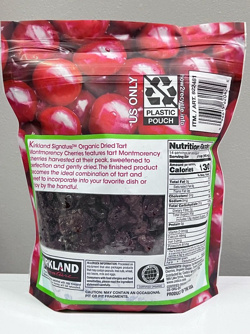 Kirkland Signature Organic Dried Tart Montmorency Cherries, 嘢食 & 嘢飲, 包裝