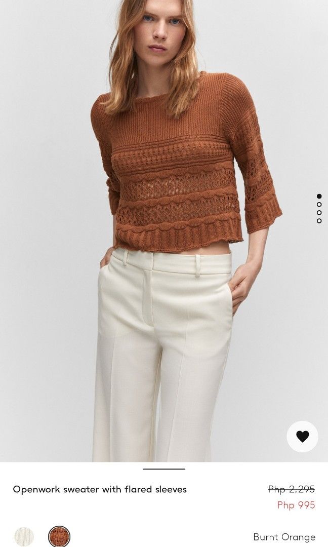 Mango Openwork Crochet Knit Sweater with Flared Sleeves (Category: Blouses) located in Paranaque City. Submitted by mediumcloset (Listing ID 1310292608, Image 2). Description: Used only once! Already sold out in Mango online and Zalora ph, original and authentic, no damage. Original price is P2,295 selling for only P995. Flexible style that's perfect for the office, casual, beach, dates and more! Last chance to get this burnt orange brown rust ru