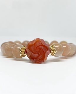 Natural High Quality Pink Hue Peach Moonstone with Pink Yan Yuan Agate Flower Carving •