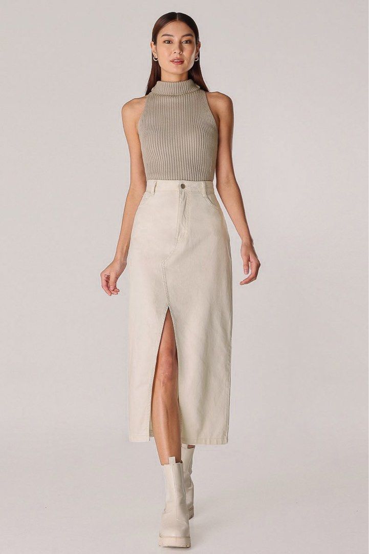 LOVET OFF DUTY BELTED FRONT SLIT DENIM SKIRT, Women's Fashion