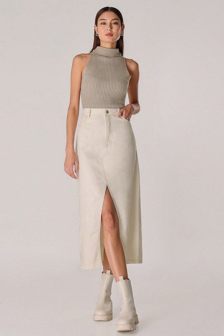 LOVET OFF DUTY BELTED FRONT SLIT DENIM SKIRT, Women's Fashion