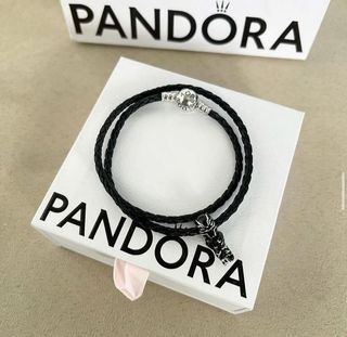 Pandora double leather bracelet with black panther charm